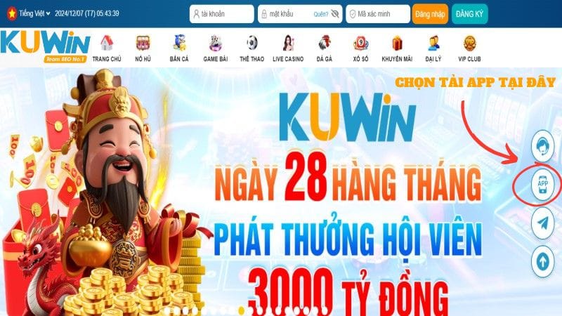 Nhấp vào biểu tượng điện thoại trên trang web để cài đặt app Kuwin